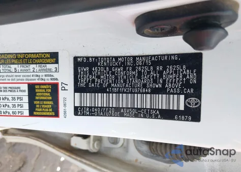 2015 Toyota Camry Se z USA, uszkodzony, nr VIN 4T1BF1FK2FU976848